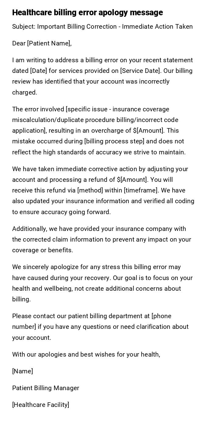 Healthcare billing error apology message Healthcare billing error apology message