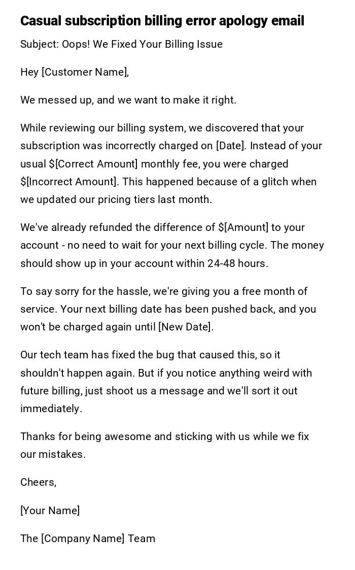 Casual subscription billing error apology email Casual subscription billing error apology email