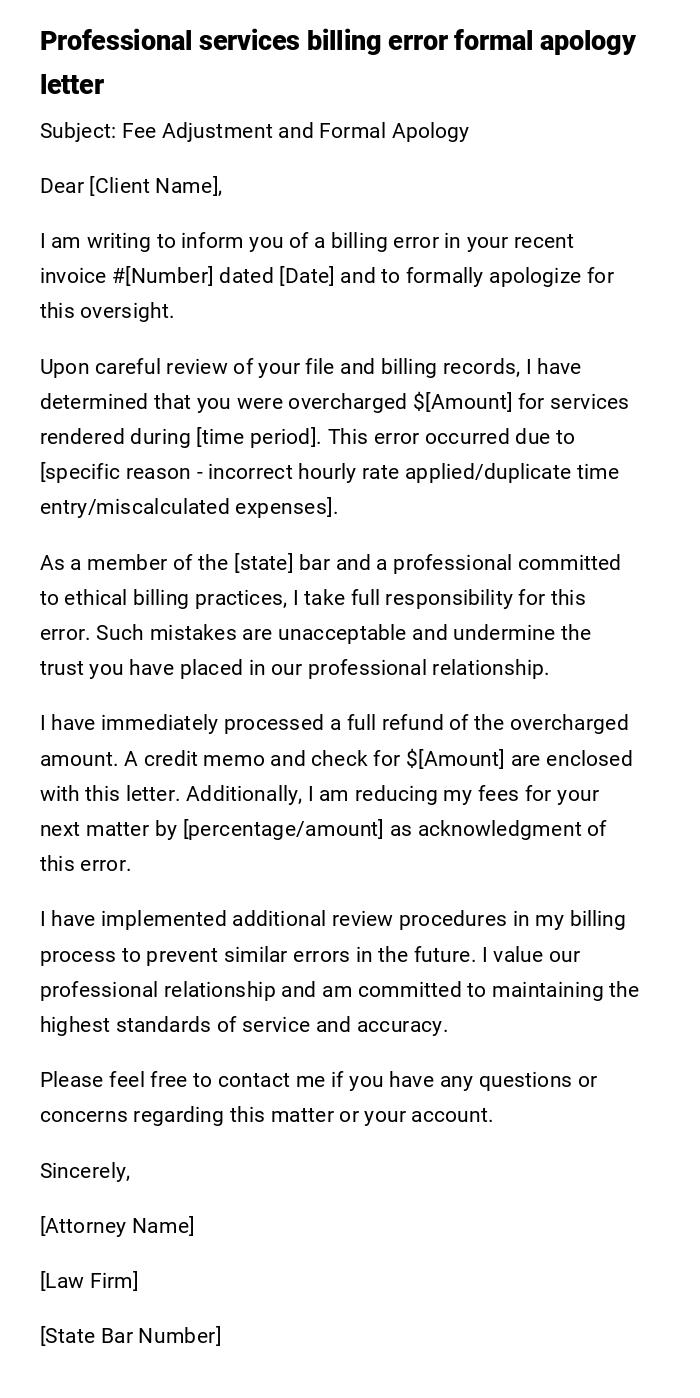 Professional services billing error formal apology letter Professional services billing error formal apology letter