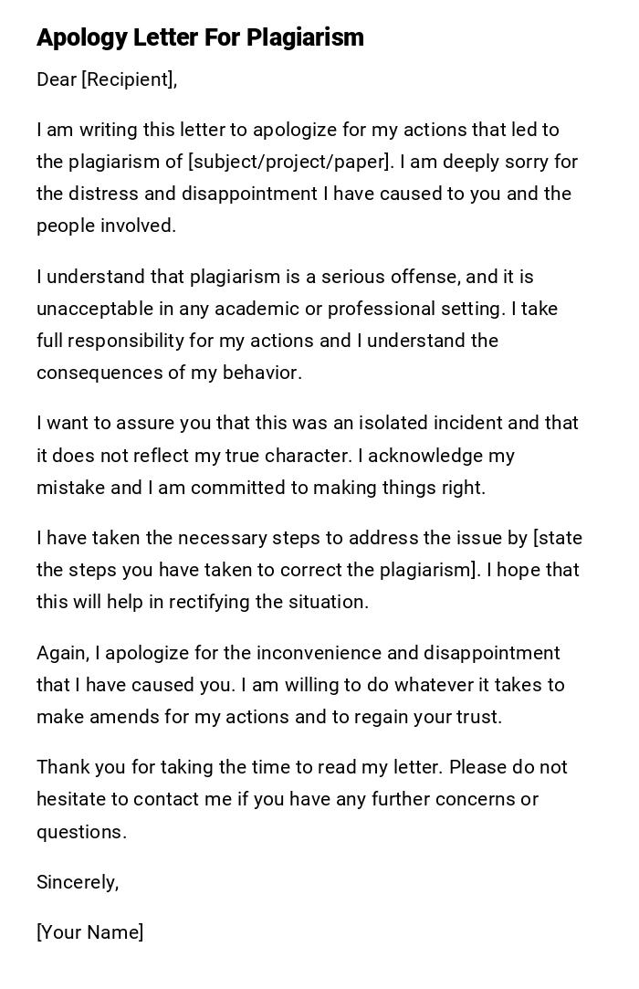 Apology Letter For Plagiarism