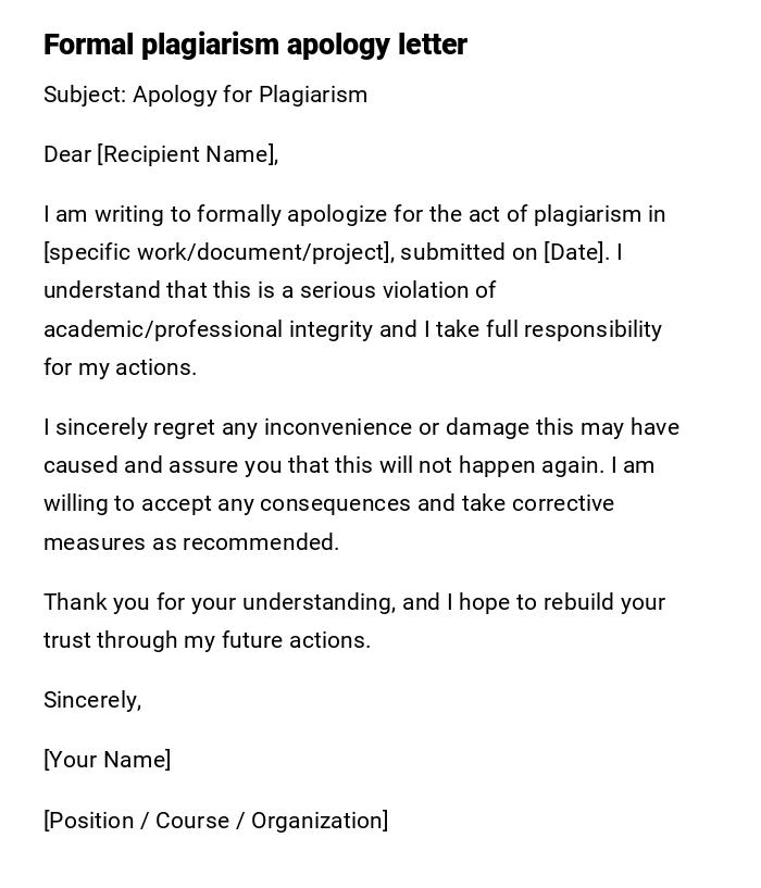 Formal plagiarism apology letter Formal plagiarism apology letter