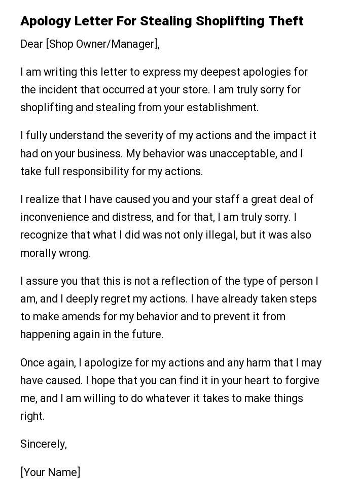 Apology Letter For Stealing Shoplifting Theft