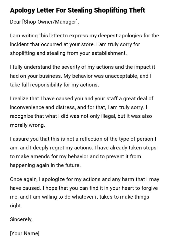 Apology Letter For Stealing Shoplifting Theft