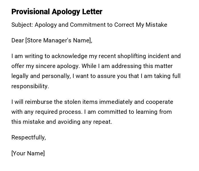 Provisional Apology Letter Provisional Apology Letter