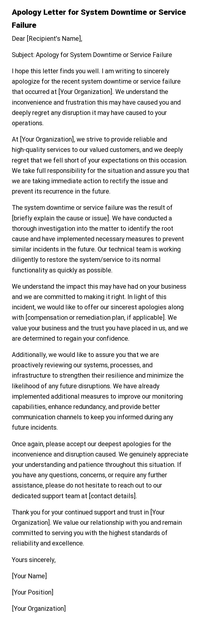 Apology Letter for System Downtime or Service Failure