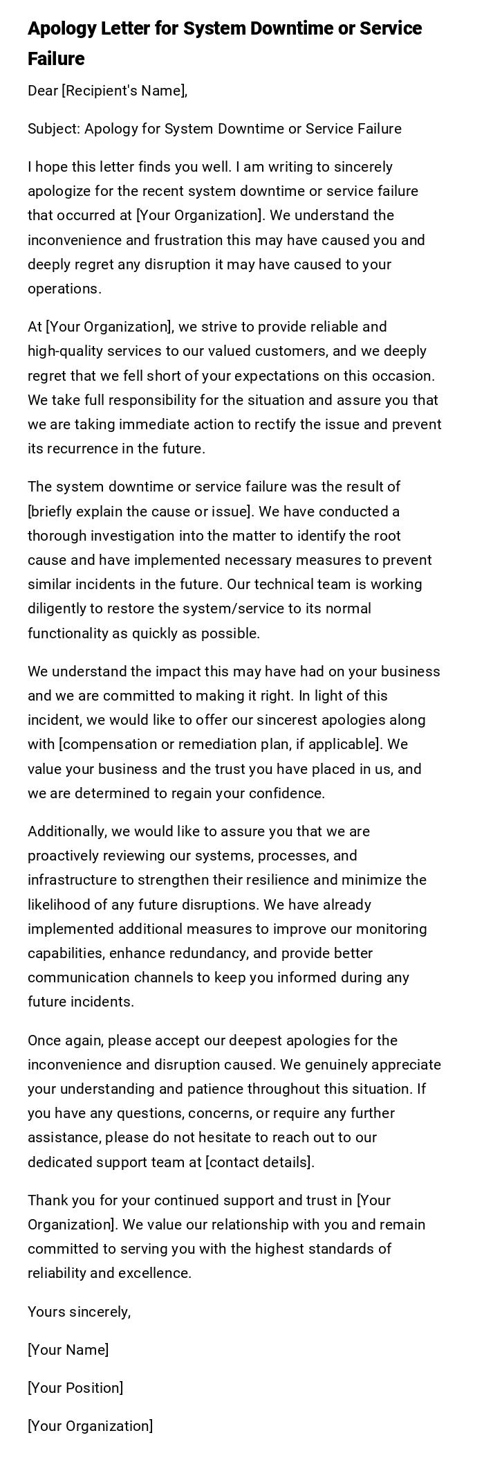 Apology Letter for System Downtime or Service Failure