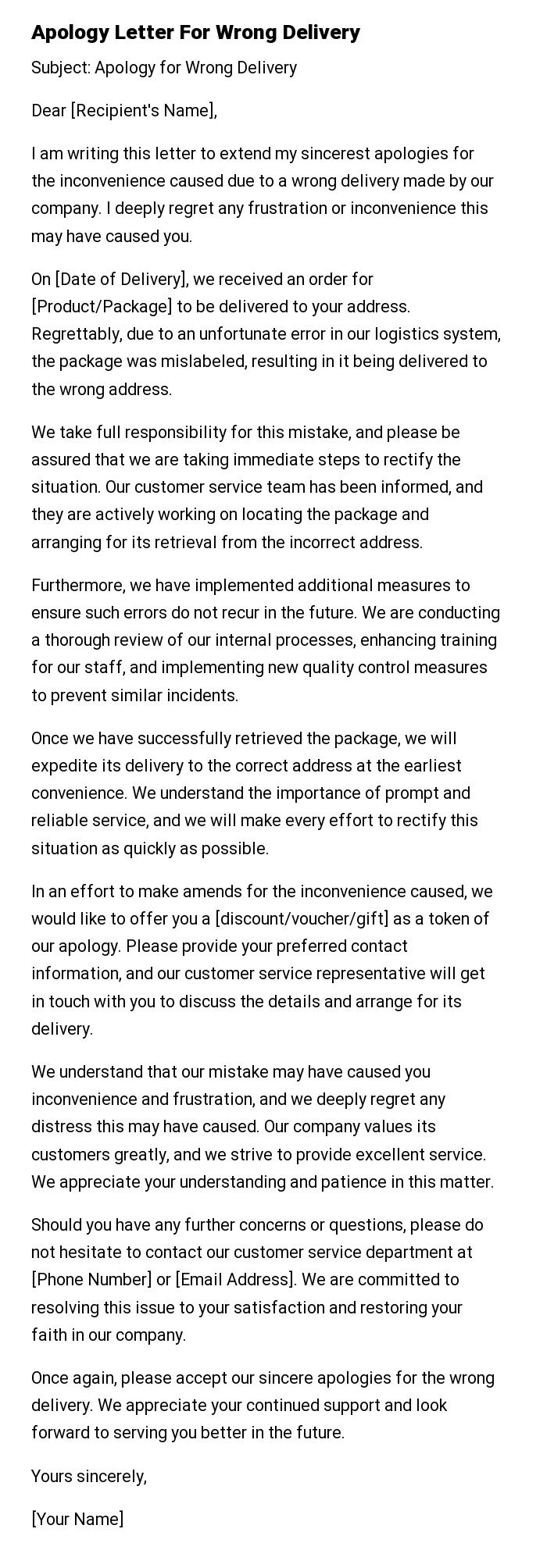Apology Letter For Wrong Delivery