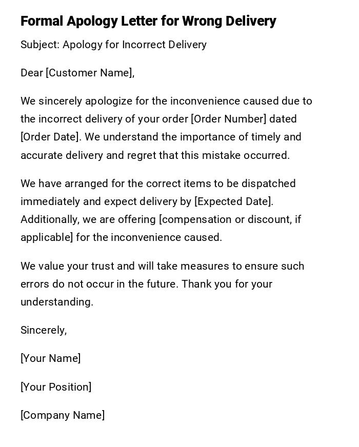 Formal Apology Letter for Wrong Delivery Formal Apology Letter for Wrong Delivery