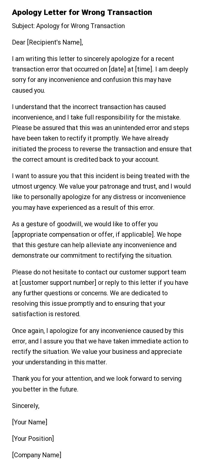 Apology Letter for Wrong Transaction