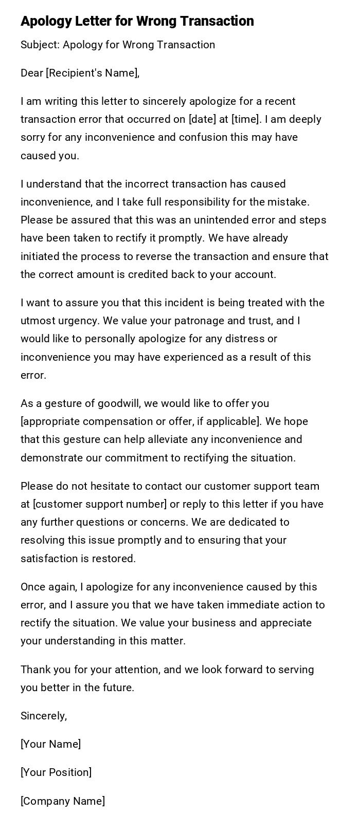 Apology Letter for Wrong Transaction