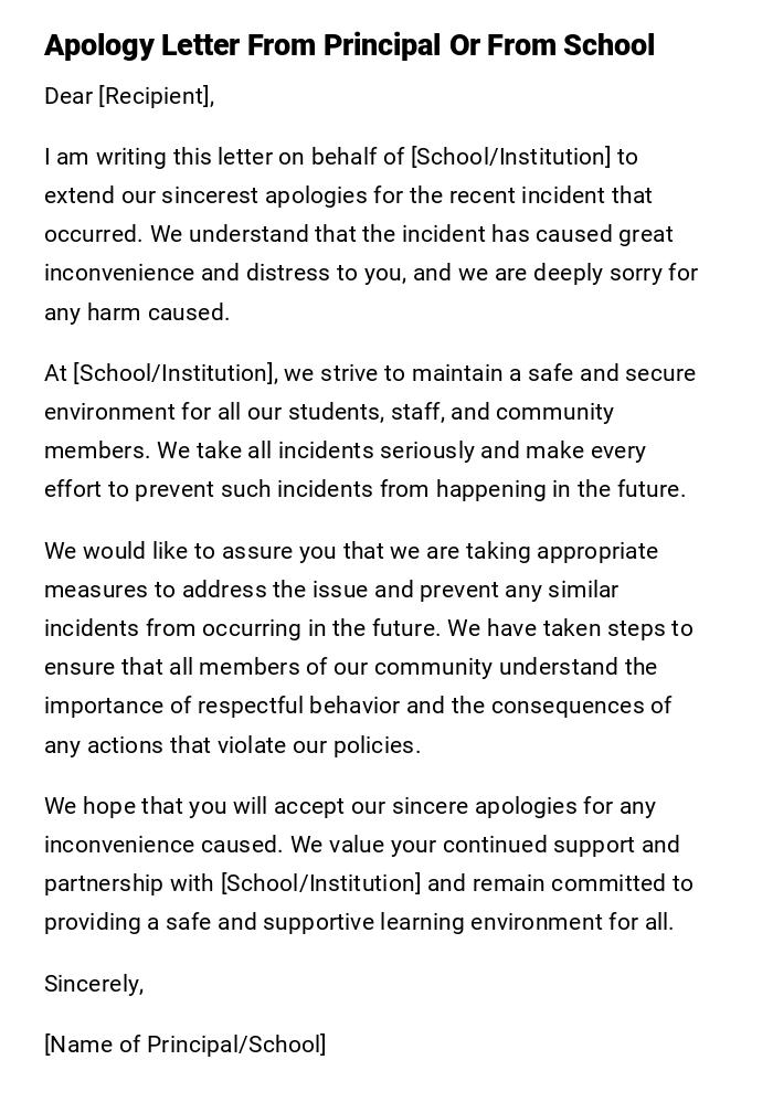 Apology Letter From Principal Or From School