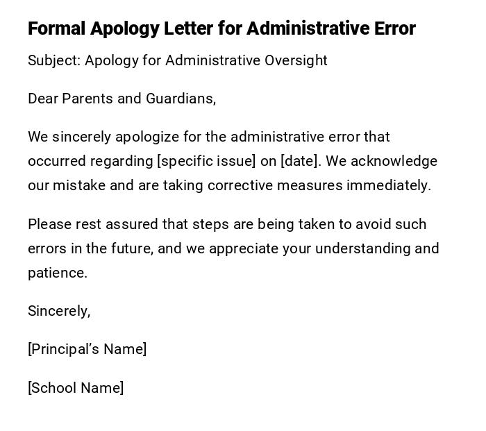 Formal Apology Letter for Administrative Error Formal Apology Letter for Administrative Error