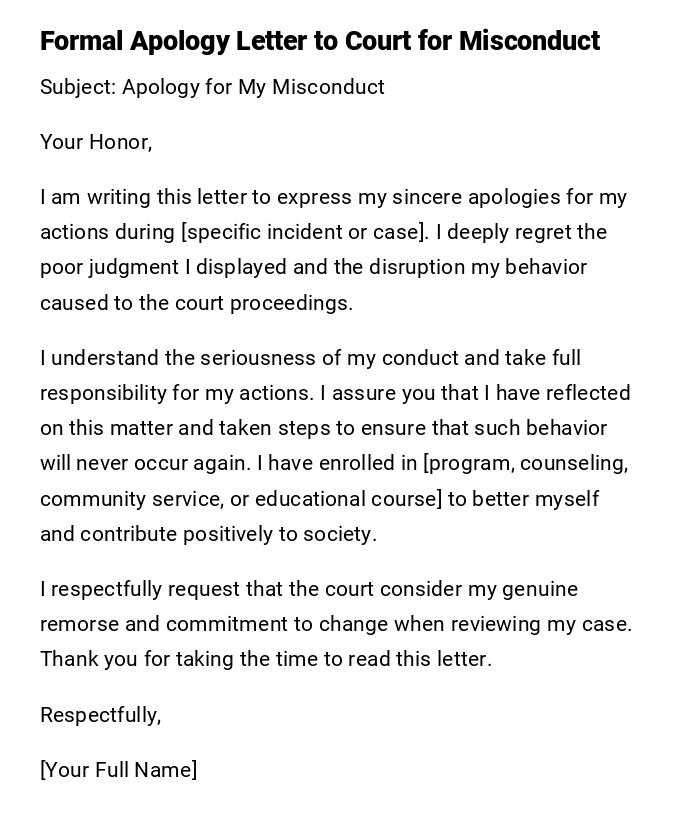 Formal Apology Letter to Court for Misconduct Formal Apology Letter to Court for Misconduct
