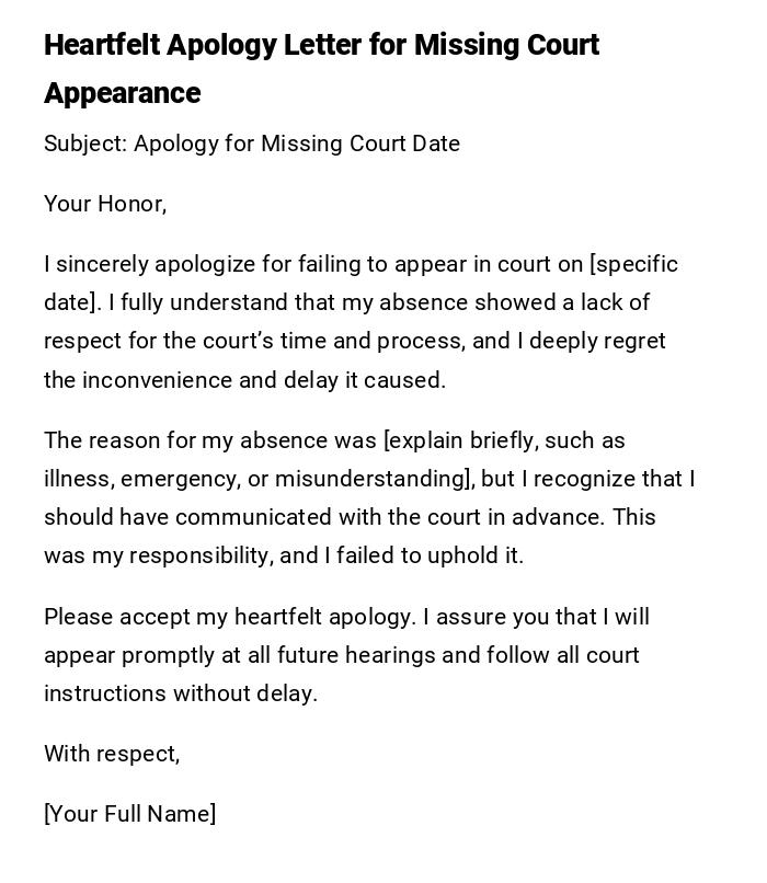 Heartfelt Apology Letter for Missing Court Appearance Heartfelt Apology Letter for Missing Court Appearance