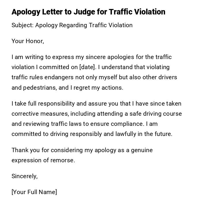 Apology Letter to Judge for Traffic Violation Apology Letter to Judge for Traffic Violation