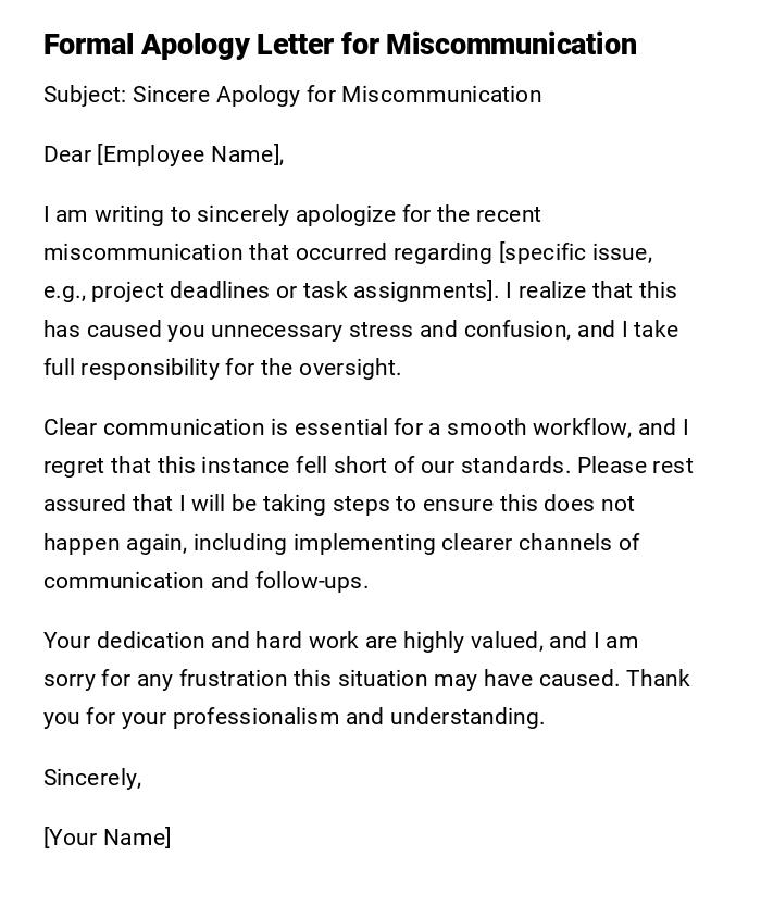 Formal Apology Letter for Miscommunication Formal Apology Letter for Miscommunication