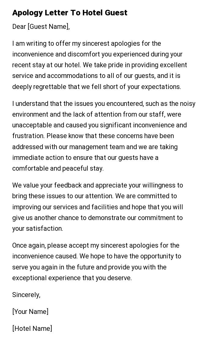 Apology Letter To Hotel Guest