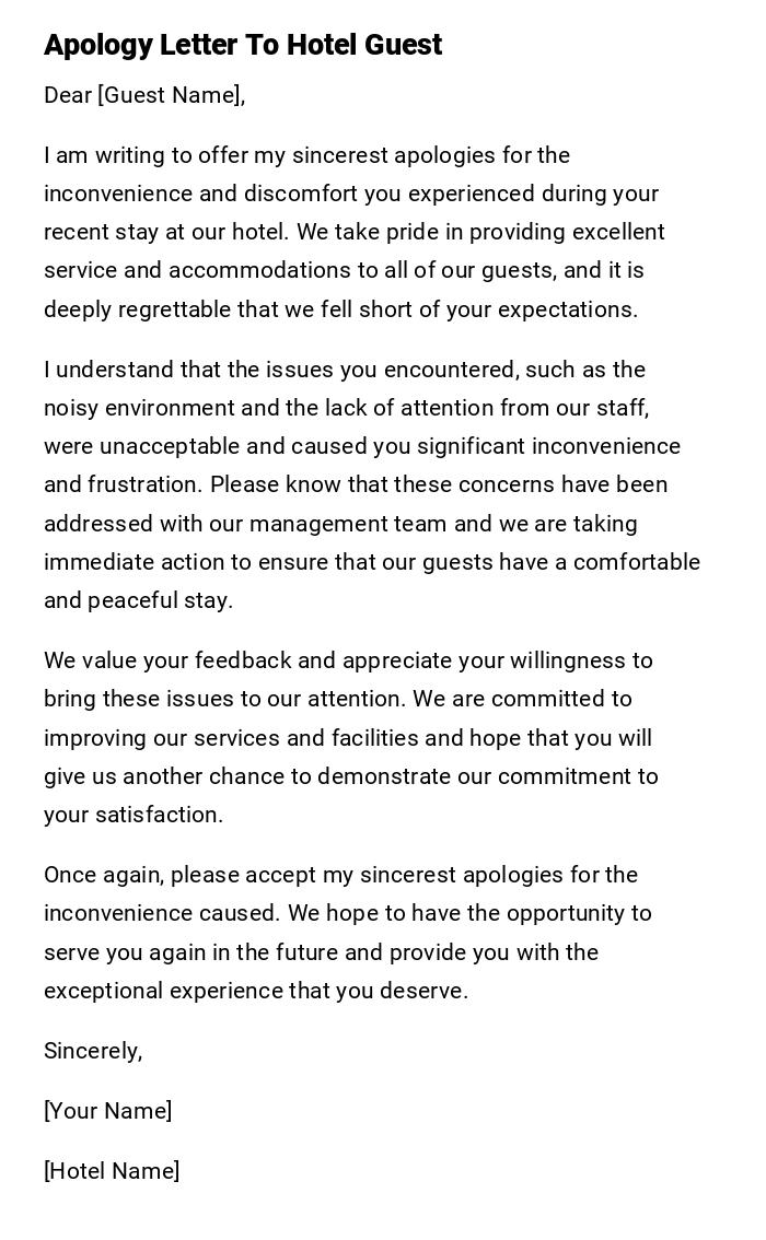 Apology Letter To Hotel Guest