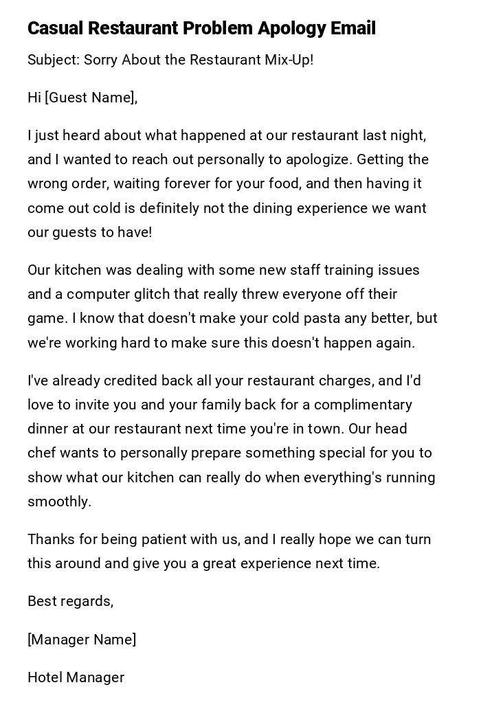 Casual Restaurant Problem Apology Email Casual Restaurant Problem Apology Email
