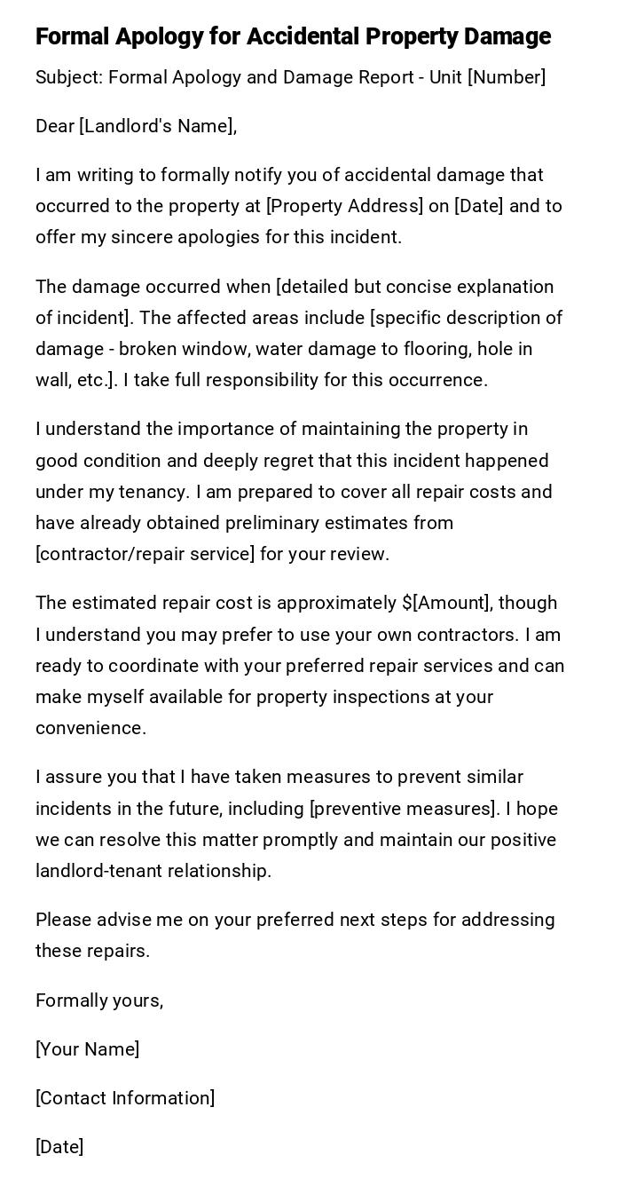Formal Apology for Accidental Property Damage Formal Apology for Accidental Property Damage