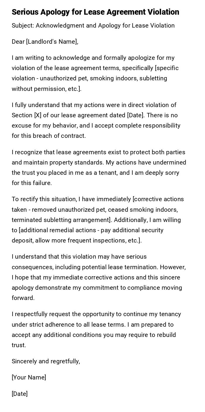 Serious Apology for Lease Agreement Violation Serious Apology for Lease Agreement Violation