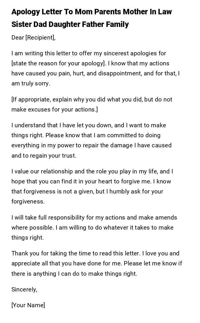 Apology Letter To Mom Parents Mother In Law Sister Dad Daughter Father Family