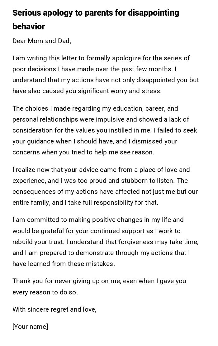 Serious apology to parents for disappointing behavior Serious apology to parents for disappointing behavior