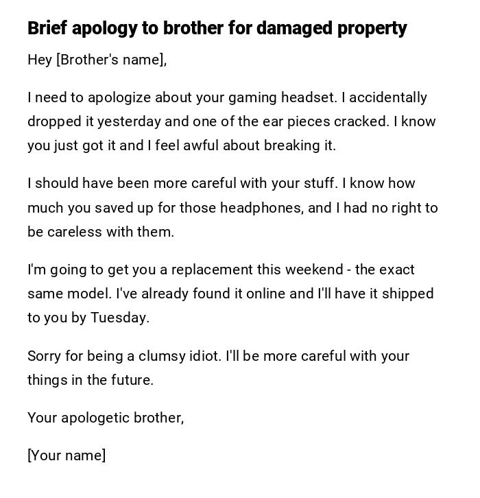 Brief apology to brother for damaged property Brief apology to brother for damaged property