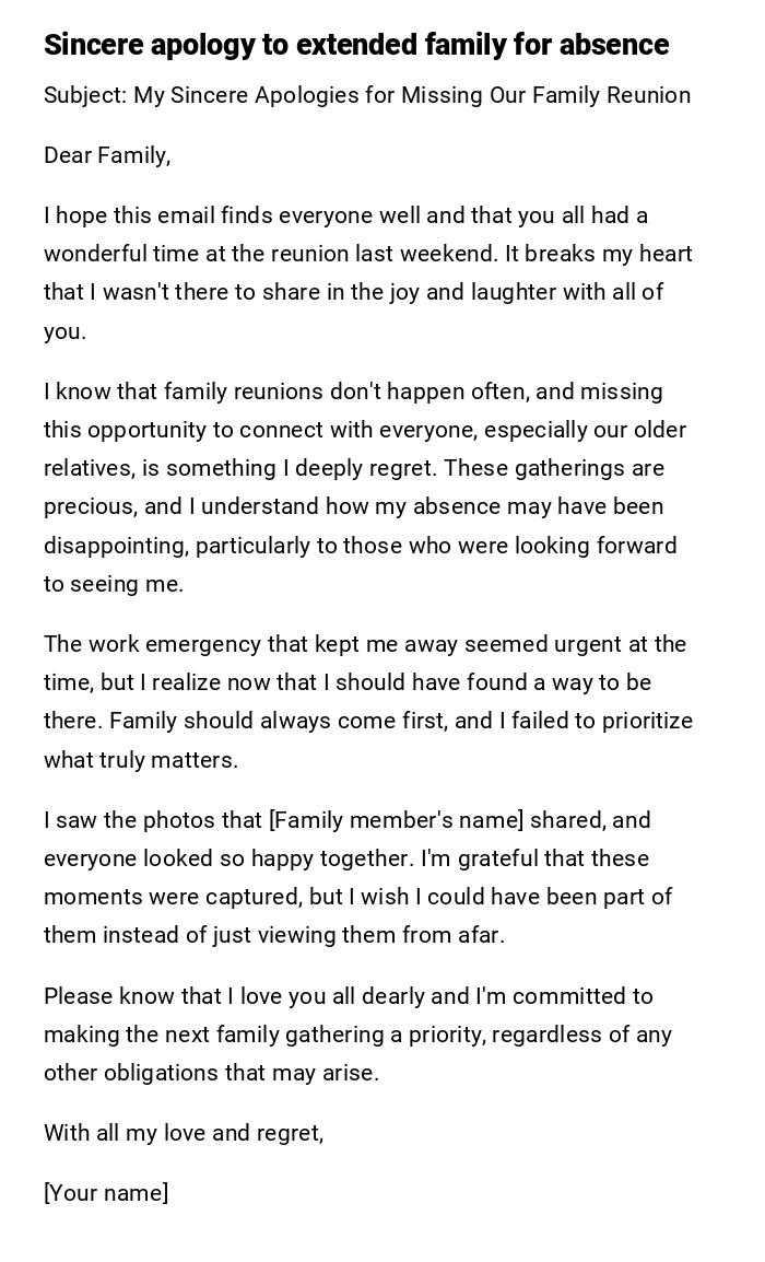 Sincere apology to extended family for absence Sincere apology to extended family for absence