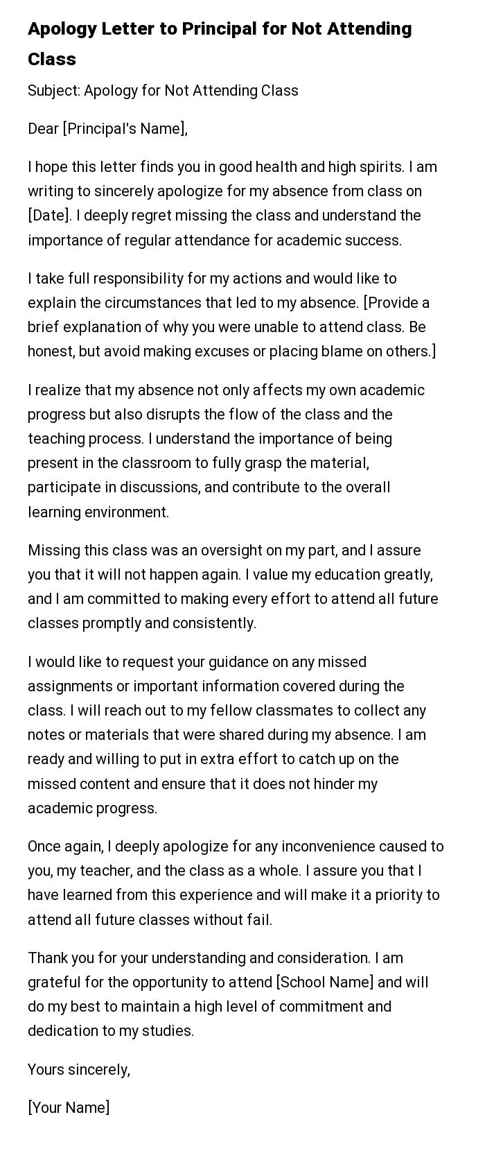 Apology Letter to Principal for Not Attending Class