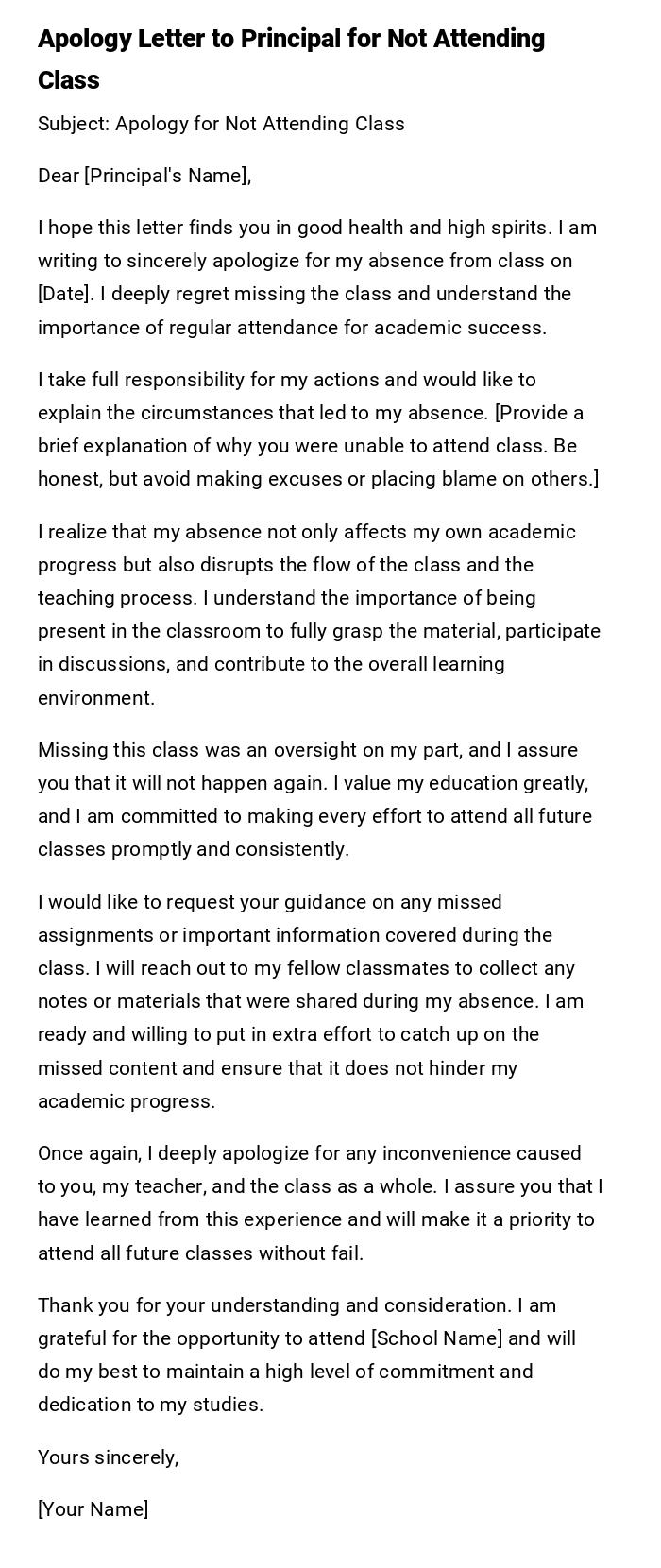 Apology Letter to Principal for Not Attending Class