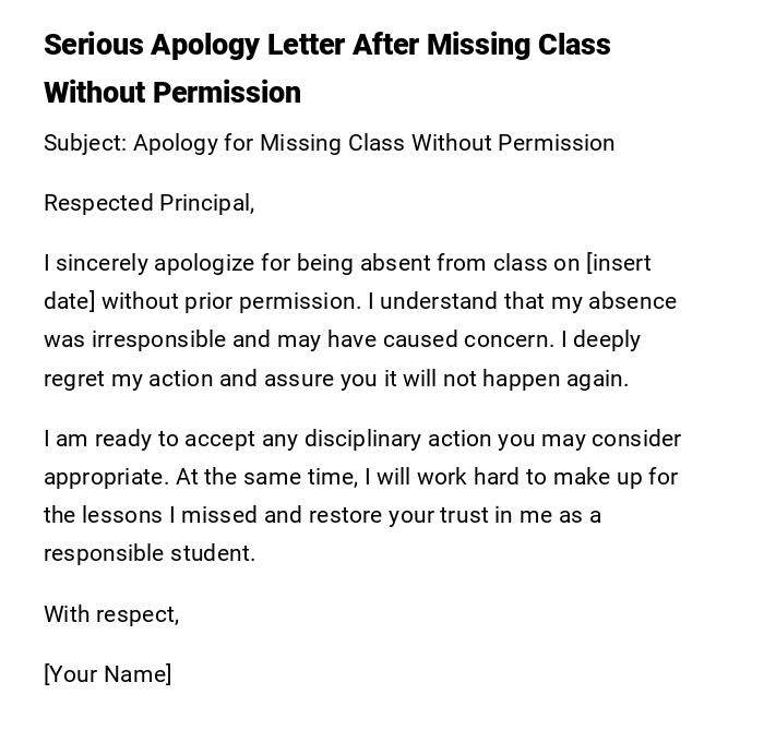 Serious Apology Letter After Missing Class Without Permission Serious Apology Letter After Missing Class Without Permission