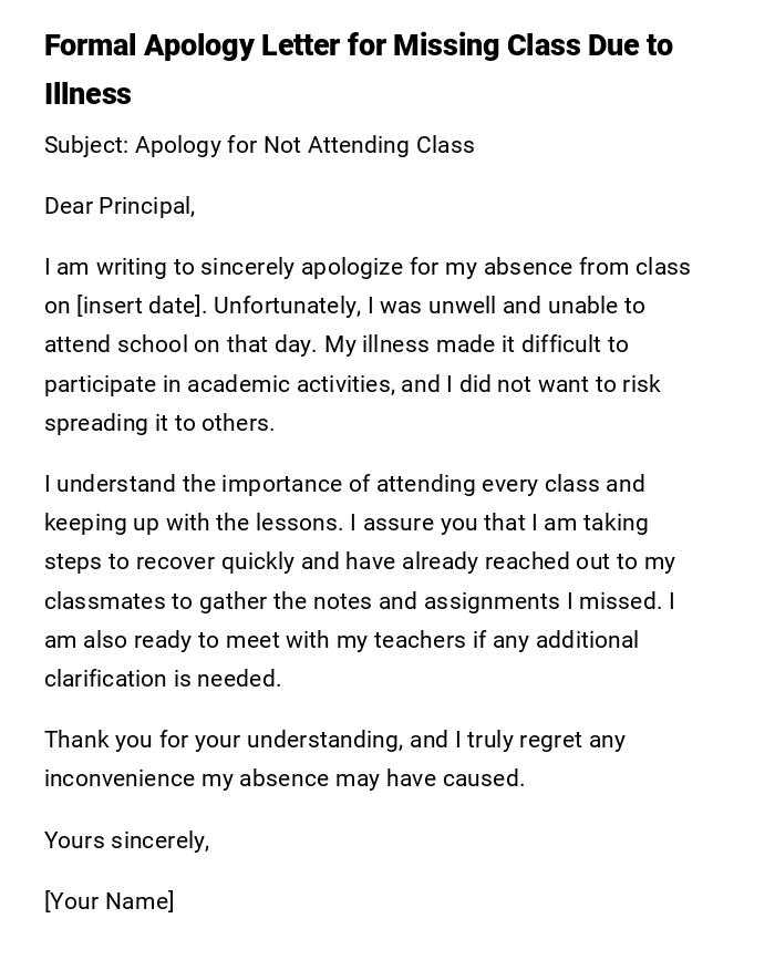 Formal Apology Letter for Missing Class Due to Illness Formal Apology Letter for Missing Class Due to Illness