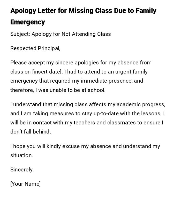 Apology Letter for Missing Class Due to Family Emergency Apology Letter for Missing Class Due to Family Emergency