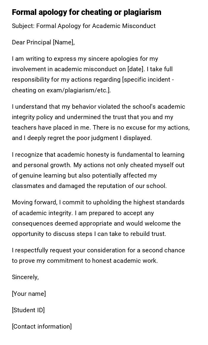Formal apology for cheating or plagiarism Formal apology for cheating or plagiarism