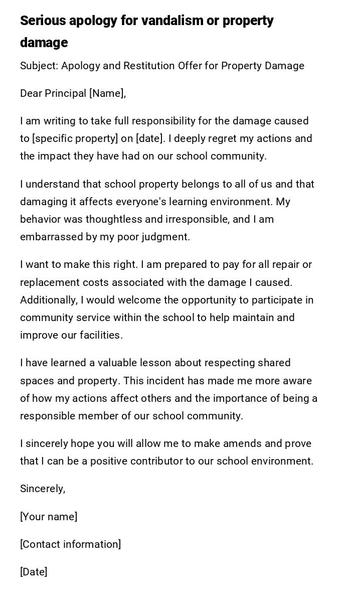 Serious apology for vandalism or property damage Serious apology for vandalism or property damage