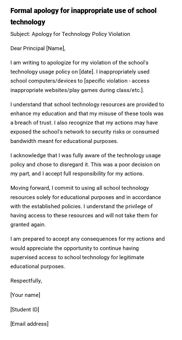 Formal apology for inappropriate use of school technology Formal apology for inappropriate use of school technology