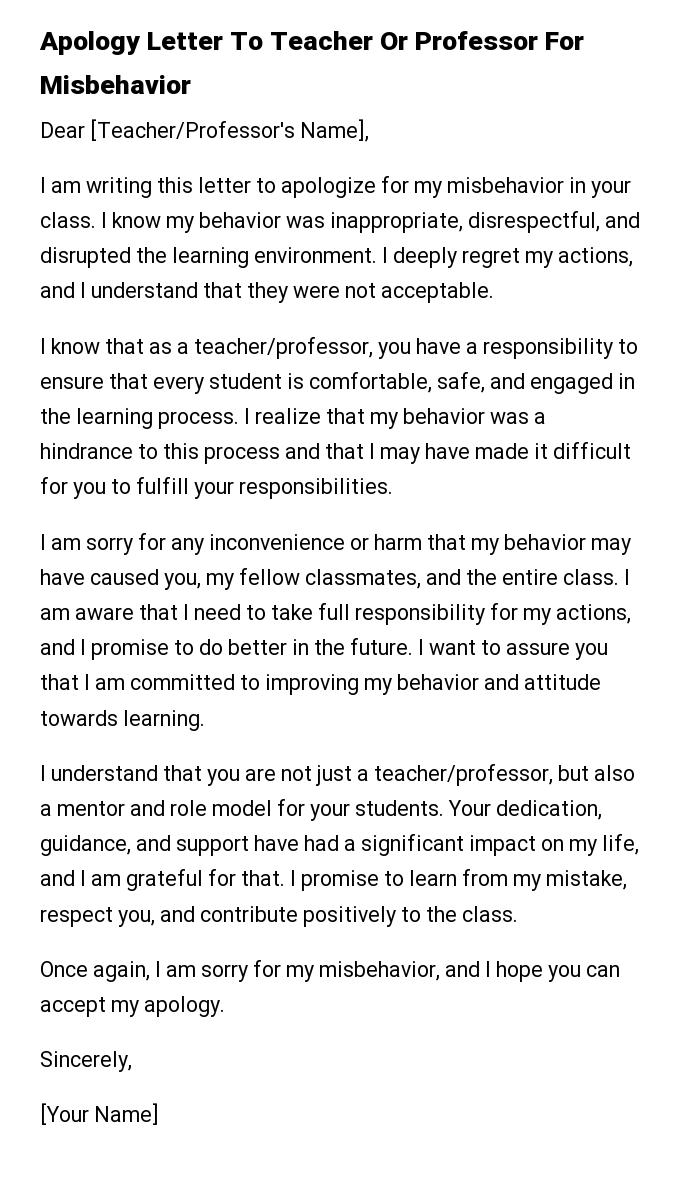 Apology Letter To Teacher Or Professor For Misbehavior