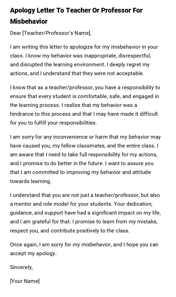 Apology Letter To Teacher Or Professor For Misbehavior