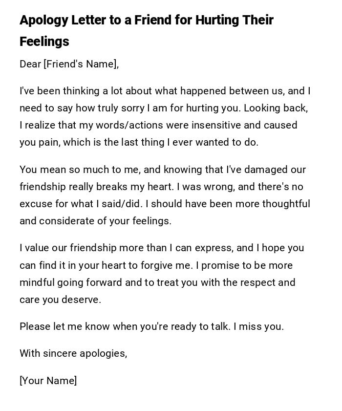Apology Letter to a Friend for Hurting Their Feelings