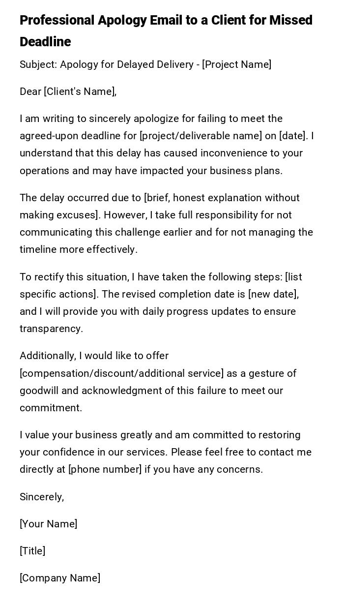 Professional Apology Email to a Client for Missed Deadline