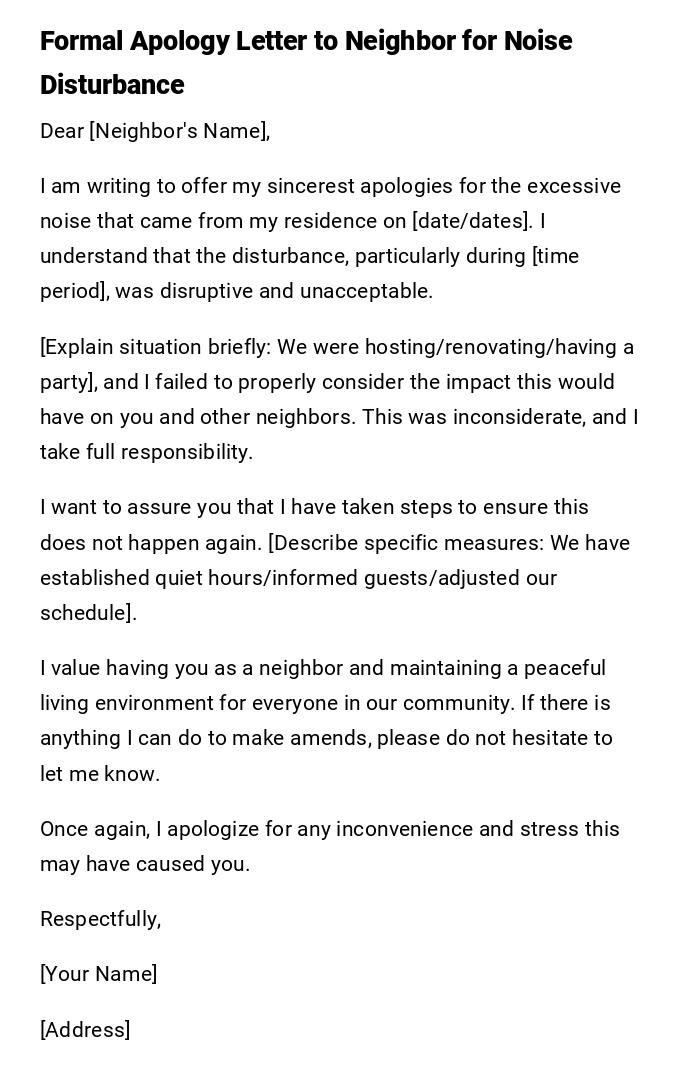 Formal Apology Letter to Neighbor for Noise Disturbance