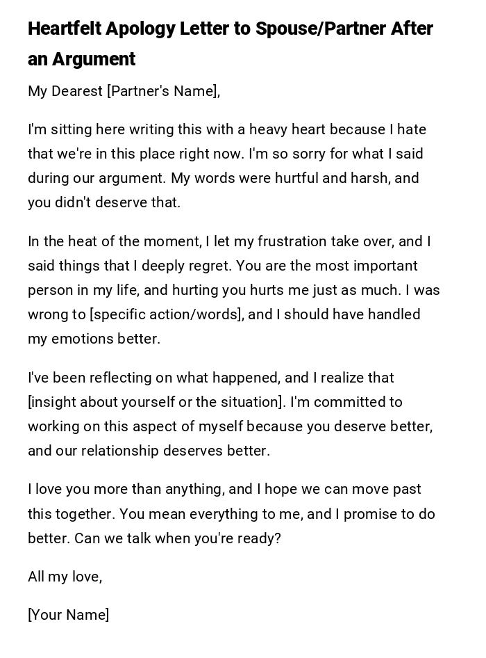 Heartfelt Apology Letter to Spouse/Partner After an Argument