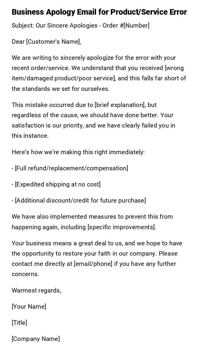 Business Apology Email for Product/Service Error