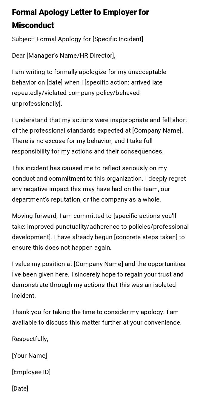 Formal Apology Letter to Employer for Misconduct