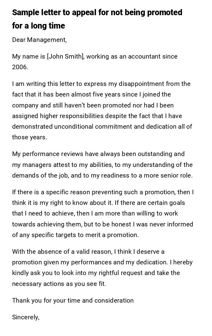 Sample letter to appeal for not being promoted for a long time