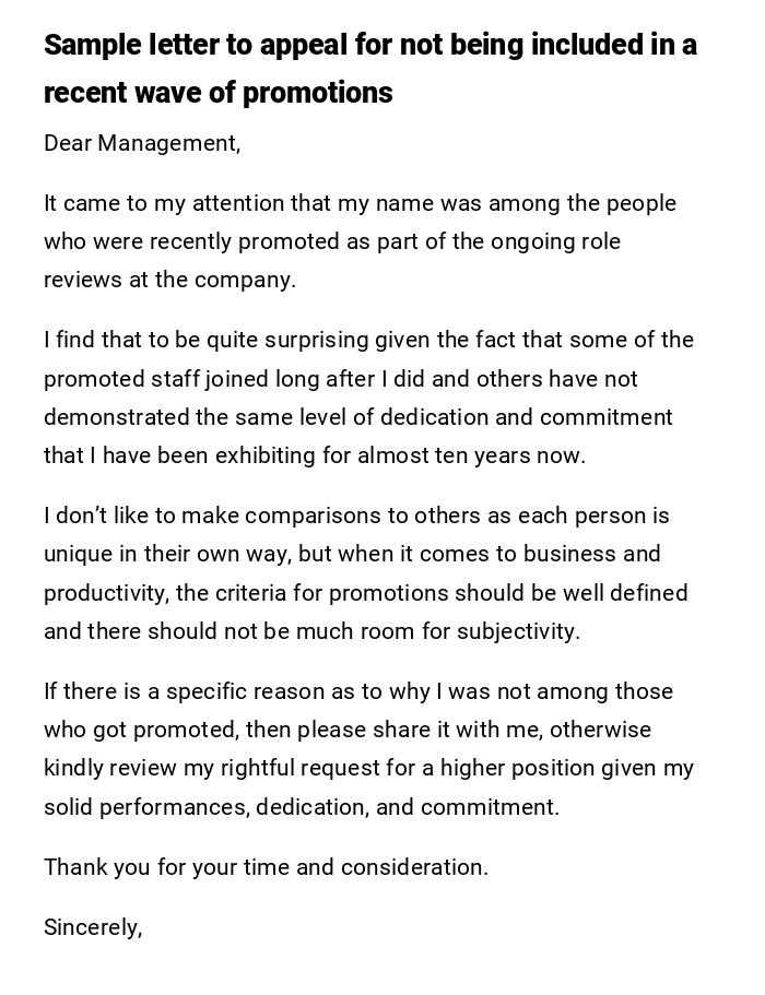 Sample letter to appeal for not being included in a recent wave of promotions