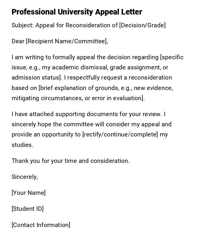 Professional University Appeal Letter Professional University Appeal Letter