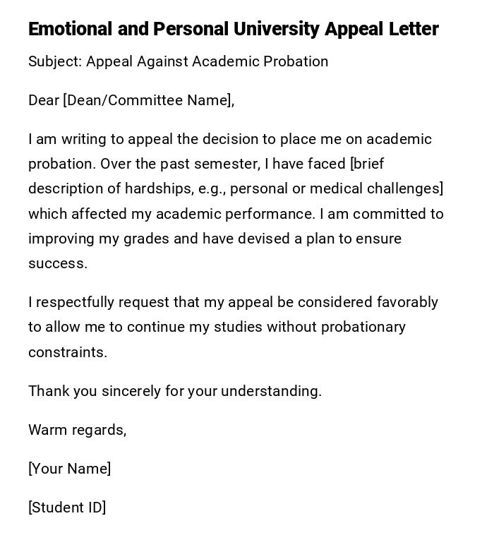 Emotional and Personal University Appeal Letter Emotional and Personal University Appeal Letter