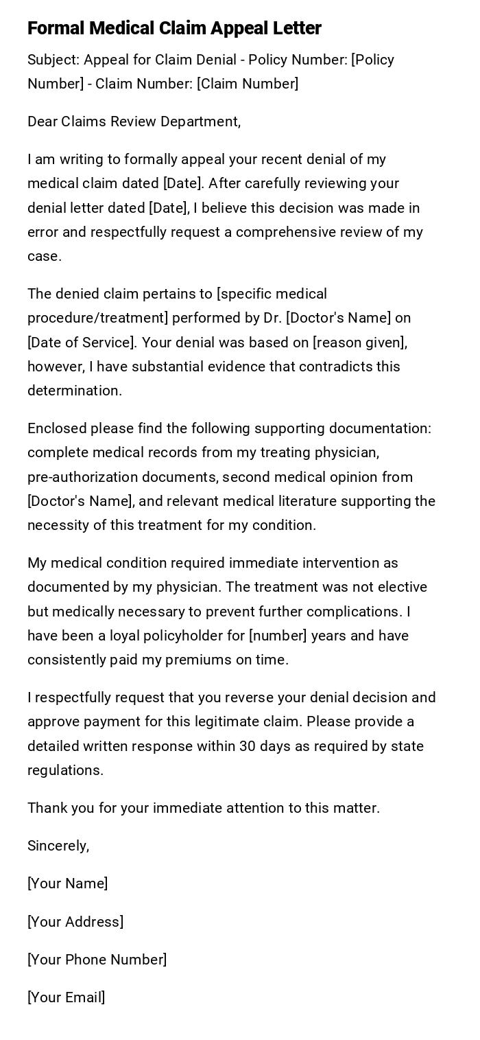 Formal Medical Claim Appeal Letter Formal Medical Claim Appeal Letter